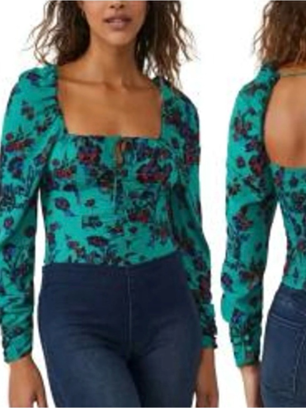 Free People Teal Floral Long Sleeve Top